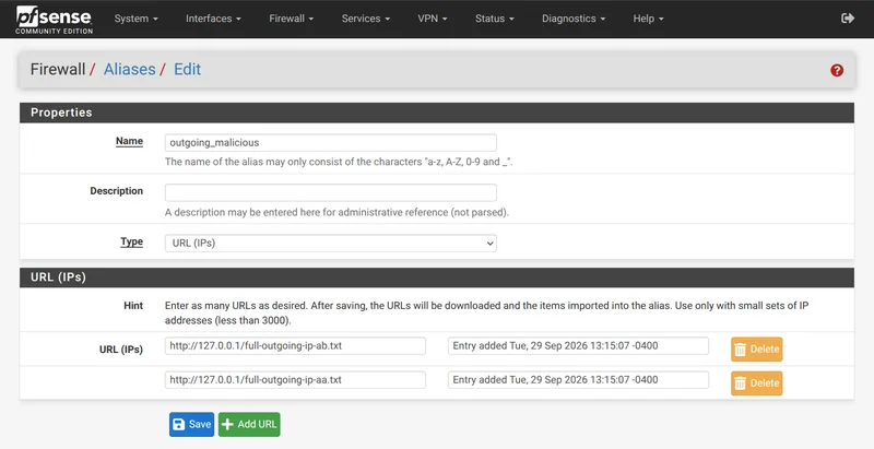 Alias edit page showing the two lists added as entries