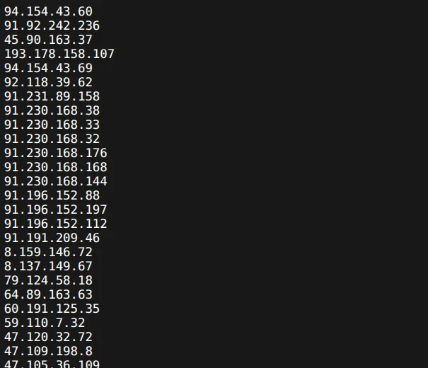 List of malicious IP addresses, white font with black background