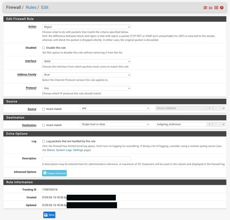 Rule edit page showing the configuration of a WAN interface rule